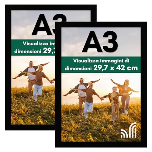 Offerta a tempo: Americanflat Cornice A3 Nera - Cornice da Parete in Legno MDF e Vetro Resistente agli Urti a Finitura Lucida - Da Appendere in Verticale o Orizzontale - Confezione da 2 - 65% da 56.62 € a 19.99 €