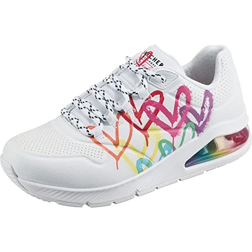 Skechers Uno 2 Floating Love, damessneakers, Wht Duraleather Multi Color Heart Print Trim, 41 EU