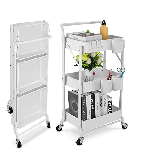 Limited-time offer: johgee Foldable 3 Tier Metal Utility Rolling Cart, Folding Mobile Multi-Function Storage Trolley Organizer Cart for Home Library Office(Foldable-White) from 66.40 £ to 41.93 £ (save 36.85%)