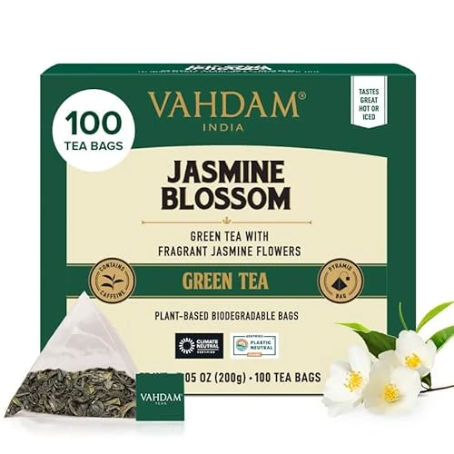 VAHDAM, Jasmine Té Verde (100 Piramidales Bolsitas De Té) 100% Pura Y Natural | Té Verde Jazmín Con Flores | Envasado Fresco En La India | Caliente, Frío O Como Kombucha