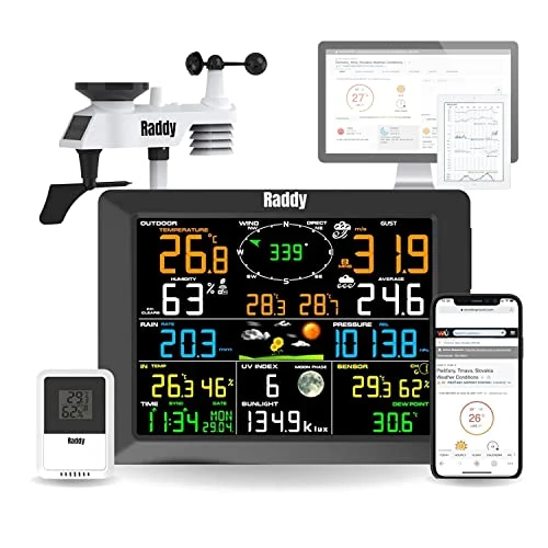Offerta a tempo: Raddy WF-100C - Stazione meteo professionale, senza fili per interni esterni, sensori di umidità per la casa, con grande schermo, pluviometro, velocità del vento - 0.00% da 170.99 € a 170.99 €
