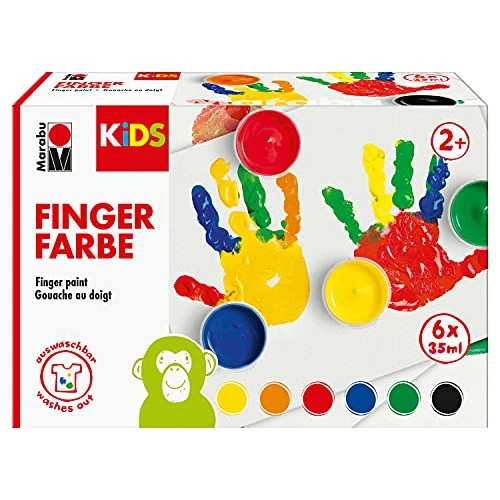 Offerta a tempo: Marabu, set di 6 colori vivaci KiDS, ciascuno da 35 ml, adatti per dipingere con le mani all’asilo, a scuola, in terapia e a casa, senza parabeni, vegani, senza lattosio e glutine, 0303000050800 - 37% da 7.19 € a 4.50 €