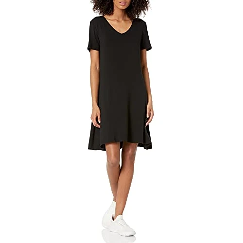 Amazon Essentials Robe Swing Coupe Classique à Manches Courtes et col en V Femme, Noir, M