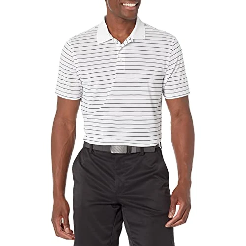 Offerta a tempo: Amazon Essentials Polo da Golf da Uomo, vestibilità Aderente, ad Asciugatura Rapida, a Righe, Colore Bianco, Taglia M - 5% da 15.80 € a 15.07 €
