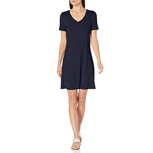Offerta a tempo: Amazon Essentials Abito Svasato Regolare a Maniche Corte con Scollo a V Donna, Blu Marino, L - 0.00% da 14.46 € a 14.46 €