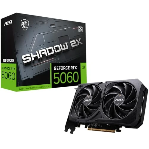 MSI GeForce RTX 5060 8G SHADOW 2X OC Graphics Card - RTX 5060 GPU, 8GB GDDR7 (28Gbps/128-bit), PCIe 5.0 - DUAL-Fan Thermal Design (2 x TORX FAN 5.0) - HDMI 2.1b, DisplayPort 2.1b