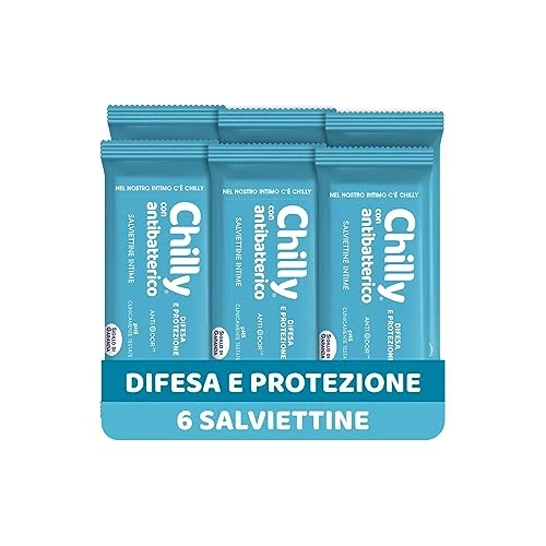 Offerta a tempo: Chilly Salviettine con Antibatterico, Salviette per l'Igiene Intima, Azione di Difesa, Tessuto 100 % Biodegradabile, Ottimi Fuori Casa, PH 5, Clinicamente Testato, Confezione da 6 Pezzi - 32% da 16.56 € a 11.19 €