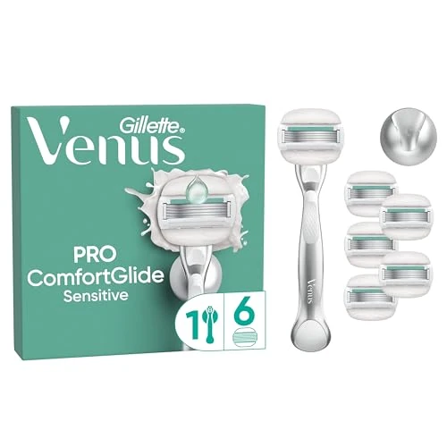 Venus Gillette Comfortglide 5 Sensitive Maquinilla de Depilación Para Mujer, 1 Mango de Metal y 6 Cuchillas de Recambio, Depilación Suave, Bandas Lubricantes con Aloe