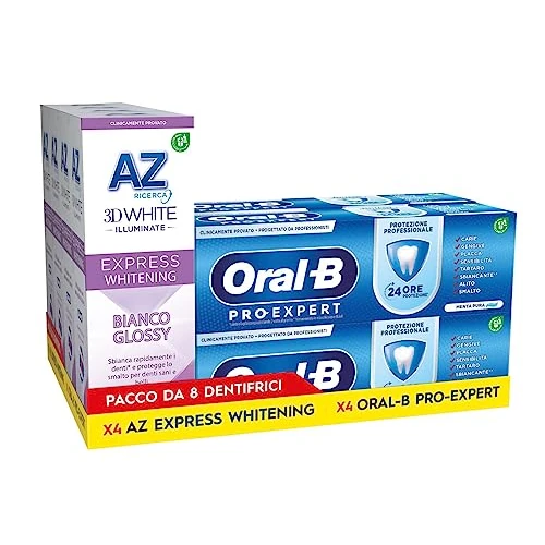 AZ Zahnpasta 3DWhite Illuminate Express Whitening Weiß Glossy + Oral-B. Maxi Multipack 4 x 50 ml + 4 x 75 ml Zahnpasten
