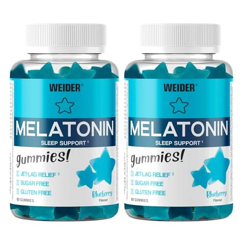 Oferta limitada: Weider PACK DUO Melatonin Gummies (2x60 Gominolas) Sabor Arándano. 1 mg de melatonina por gominola. Sin Azúcares y Sin Gluten. Ayuda contra el Jet-lag y para mejorar la calidad del sueño. de 19.85 EUR a 15.55 EUR (ahorro 21%)
