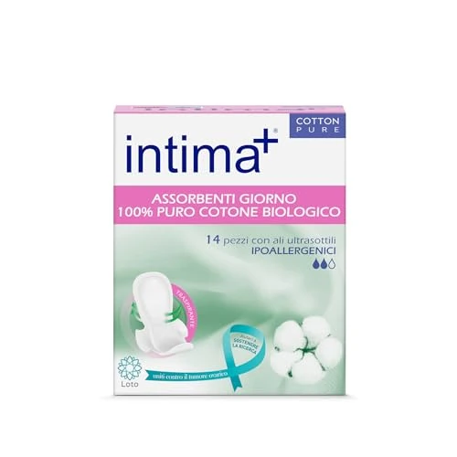 Intima + | Damenbinden mit Flügeln, 100 % reine Bio-Baumwolle, Bio-Flügel, für Damenunterwäsche, Bio-Saugeinlagen, hypoallergen, 14 Stück