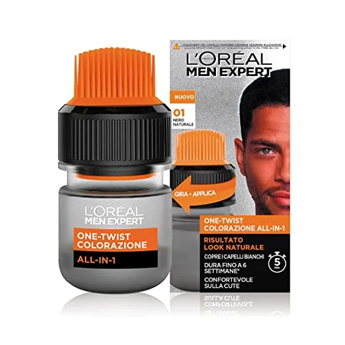 L’Oréal Paris Men Expert Colorazione Uomo One-Twist All-in-One, Risultato naturale, Applicazione facile e veloce, Nero Naturale (01)