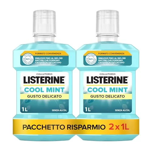 Offerta a tempo: LISTERINE Cool Mint, Collutorio 0% alcol a base di Oli Essenziali di Menta, Timo, Betulla, Collutorio Listerine senza alcool per un'igiene orale completa, Confezione da 2 x 1L – Esclusiva Amazon - 17% da 14.99 € a 12.41 €
