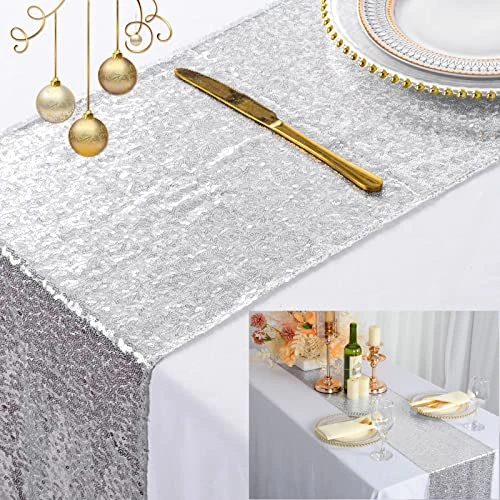 ShinyBeauty 12x108 Inch Sequin Table Runners - Wedding & Party Decor Linen Table Runner Glitter Sequins Fabric Silver Outdoor Table Runner