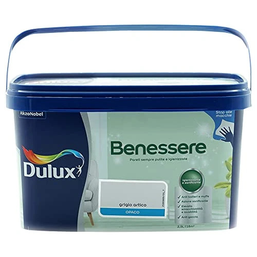 Dulux Benessere Pittura Colorata all'Acqua per Interni Superlavabile Anti Muffa Anti Batteri con Ioni D'Argento, 2.5 Litri, Grigio Artico, 2.5L