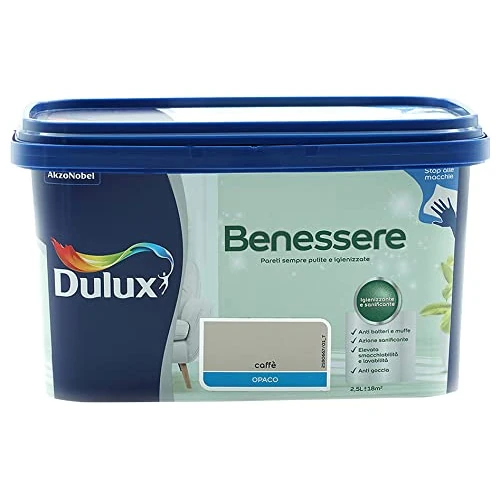Offerta a tempo: Dulux Benessere Pittura Colorata all'Acqua per Interni Superlavabile Anti Muffa Anti Batteri con Ioni D'Argento, 2.5 Litri, Caffe, 2.5L, Caffe' - 67% da 32.99 € a 10.76 €