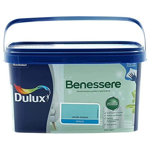 Dulux Benessere Pittura Colorata all'Acqua per Interni Superlavabile Anti Muffa Anti Batteri con Ioni D'Argento, 2.5 Litri, Verde Acqua, 2.5L