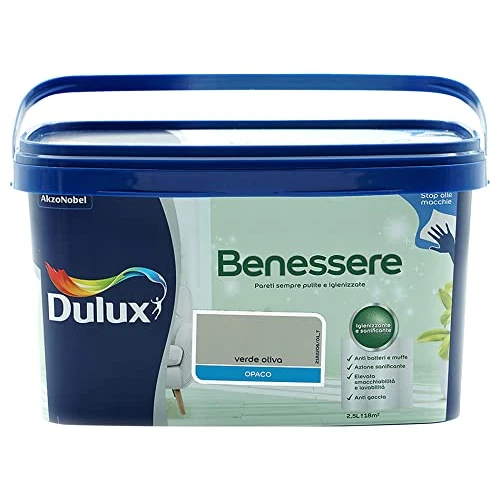 Offerta a tempo: Dulux Benessere Pittura Colorata all'Acqua per Interni Superlavabile Anti Muffa Anti Batteri con Ioni D'Argento, 2.5 Litri, Verde Oliva, 2.5L - 35% da 32.99 € a 21.32 €