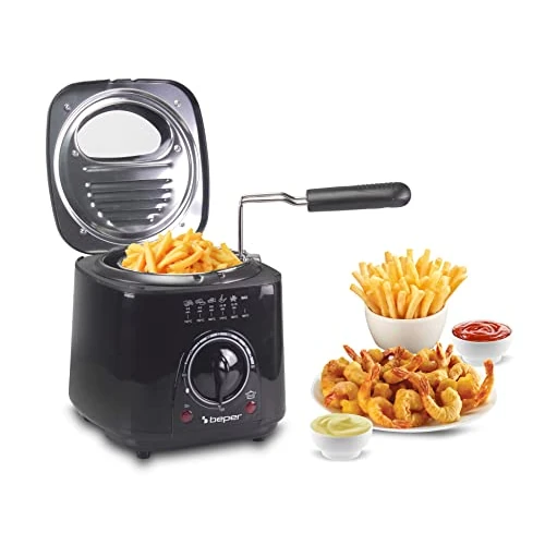 Beper P101FRI100 1 L electric fryer, 950 W, removable steel basket, lid with porthole, washable removable filter, adjustable temperature, anti-slip feet, black