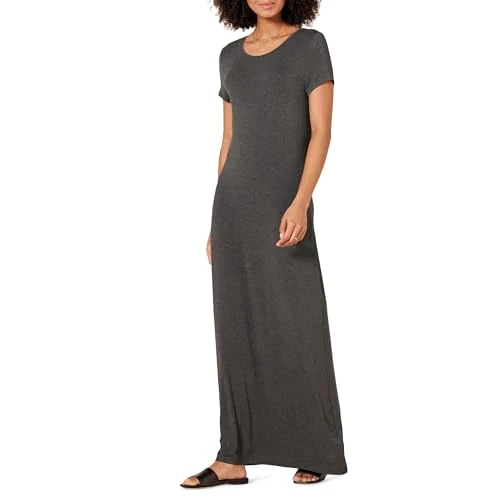 Amazon Essentials Robe Longue à Manches Courtes pour Femme, Anthracite chiné, Taille S