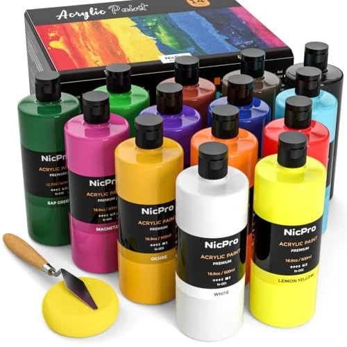 Zeitlich begrenztes Angebot: Nicpro Acrylfarben Set 14 Stück x 500 ml, Große Flasche Acrylfarbe in 14 Farben, Reichhaltige Malfarben, ungiftige künstler Acrylfarben Set für Viele Oberflächen, Leinwand, Holz, Leder, für Erwachsene von 67.99 € auf 67.99 € (