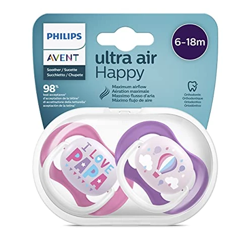 Sucette ultra air Philips Avent, pour 6 à 18 mois, orthodontique et 0% BPA, 2 pièces, avec boîtier de stérilisation et de transport, SCF080/04 Navire/Ballon