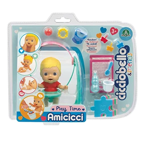 Cicciobello CC000100 Amicci Play Time Cute Baby Blonde with Colorful Diapers Mini Figure with Accessories, Multicoloured