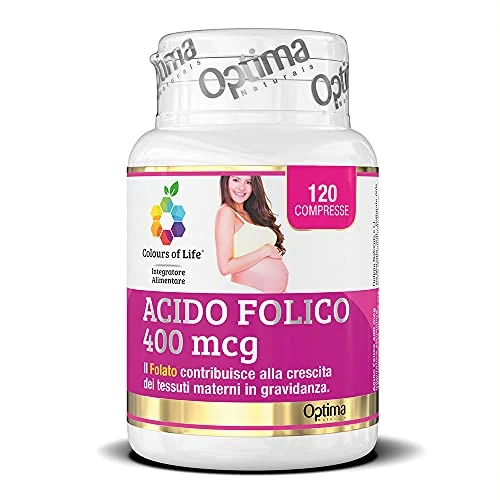 Colours of Life Ácido fólico 400 mcg - Suplemento para el crecimiento de los tejidos maternos Embarazo vegano sin gluten, 120 comprimidos