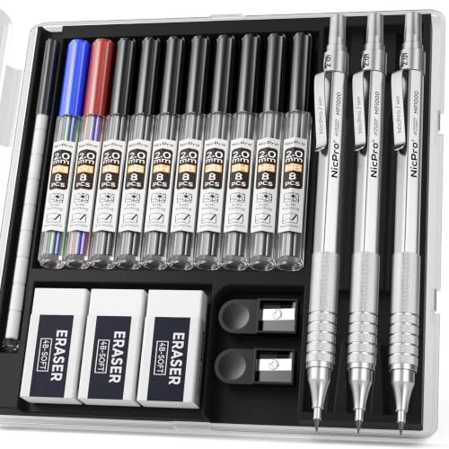 Zeitlich begrenztes Angebot: Nicpro 2mm Druckbleistifte Set mit Etui, 3 Stücke Druckbleistift Metall 2.0 mm, 10 Dosen Farbe & Schwarz Bleimine (HB 2B 4B 4H 2H), Radiergummis Anspitzer für Schreiben, Zeichnen von 12.99 € auf 12.99 € (0.00% Rabatt)