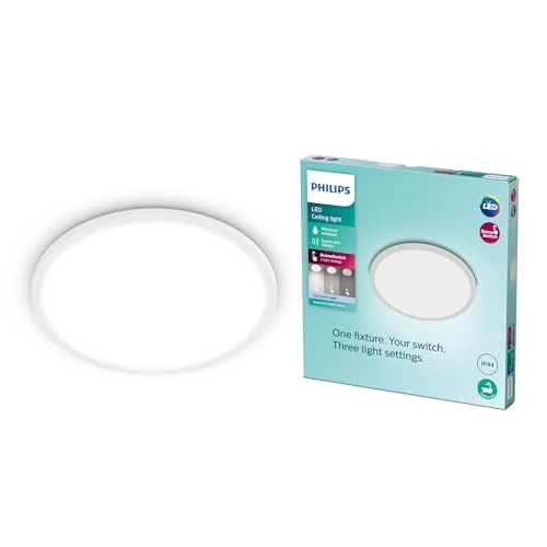 Philips LED Badezimmer Deckenleuchte Superslim (15 W), 3 Lichteinstellungen, kaltweiß Licht, dimmen ohne Dimmer, IP44 Schutz, weiß, 25cm