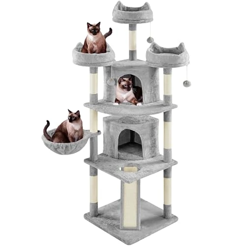 Offerta a tempo: Yaheetech Albero per Gatti Alto 174 cm, Tiragraffi per Gatti Adulti con 7 Pali Graffiatoi, 3 Trespoli, 1 Cesto, 3 Pompon, 1 Scala e Design a Più Livelli, Grigio chiaro - 15% da 70.54 € a 59.79 €