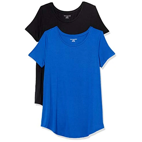 Amazon Essentials Tunique Encolure Dégagée à Manches Courtes Femme, Lot de 2, Bleu Cobalt/Noir, L