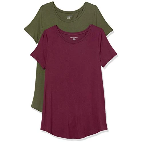 Amazon Essentials Women's Short-Sleeve Scoopneck Tunic, Pack of 2, Burgundy/Dark Olive, S