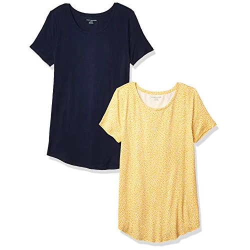 Amazon Essentials Túnica de Cuello Redondo y Manga Corta Mujer, Pack de 2, Amarillo Tulipanes/Azul Marino, XL