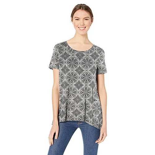 Amazon Essentials Women's Relaxed-Fit Short-Sleeved Scoopneck Swing T-Shirt (Available in Plus Size), Grey Heather Tile Pattern, XS