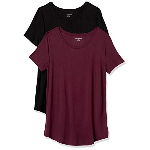 Offerta a tempo: Amazon Essentials Tunica con Scollo Rotondo a Maniche Corte Donna, Pacco da 2, Nero/Bordeaux, XS - 0.00% da 13.16 € a 13.16 €