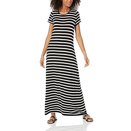 Amazon Essentials Maxi Abito da Donna a Maniche Corte, a Righe Bianche e Nere, Taglia L