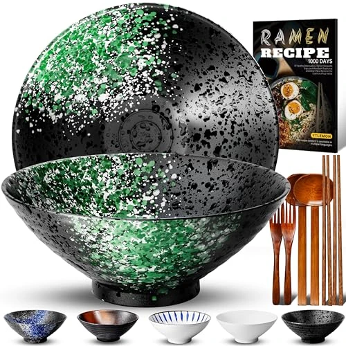 Limitiertes Angebot: 8 Zoll Keramik Ramen Schüssel 2 Set(9-Teilig) - Japanisches Porzellan Geschirr mit Gabel Essstäbchen Löffel und Rezepte Spülmaschinenfest für Nudeln Suppen Getreide Salate Geschenke für neuen Häusern von 39.99 EUR auf 25.07 EUR (Spare 37%)