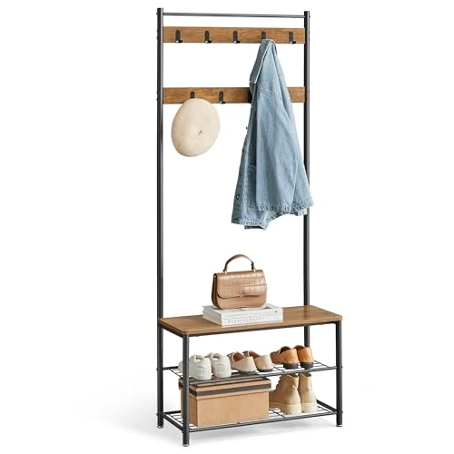 Oferta limitada: VASAGLE - Perchero con Estante para Zapatos, Mueble de Entrada con Banco, 3 en 1, Marco de Acero, para Entrada y Pasillo, 32 x 70 x 177 cm, Estilo Industrial, marrón castaño y Negro HSR041B41 de 49.99 € a 42.49 € (ahorro 15%)
