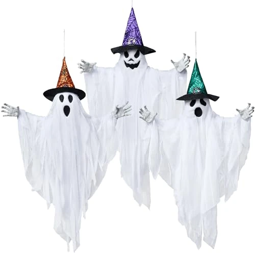 Offerta a tempo: JOYIN Confezione da 3 decorazioni fantasma da appendere da 63 cm, fantasma bianco con cappelli per scena del cimitero di casa infestata, decorazione spettrale per interni ed esterni - 0.00% da 27.99 € a 27.99 €