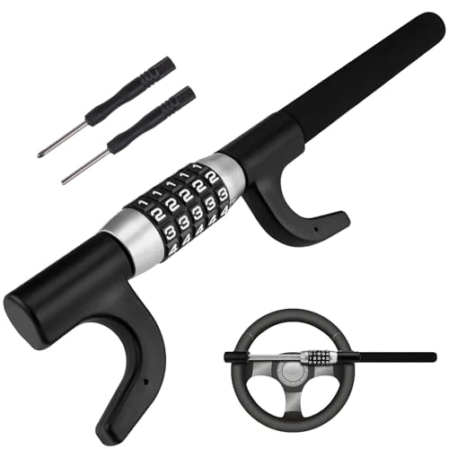 Tevlaphee Zamek na kierownicę, zamek samochodowy, antykradzieżowy, bezkluczykowy, wysuwane hasło, 5 kodowanych zamków szyfrowych, wytrzymałe, uniwersalne dopasowanie (czarne)