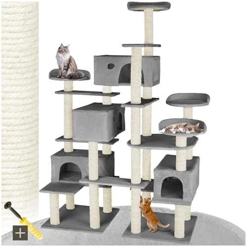 Offerta a tempo: tectake® Albero Tiragraffi per Gatti, Tiragraffi per Gatti con 4 Piattaforme, 4 Casette Accoglienti, Tiragraffi Gatto con Diversi Piani di Gioco, 2 Piastre di Base, Colonne in Sisal - Grigio - 35% da 163.99 € a 106.99 €