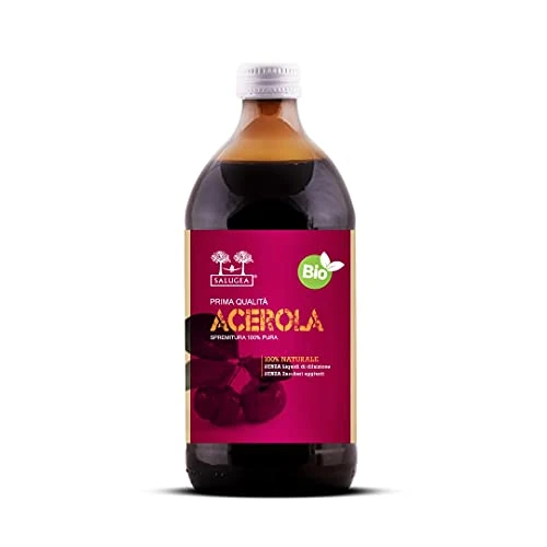 Succo Di Acerola Bio Salugea - 100% Puro e Biologico - Integratore Fluidificante per le Vie Respiratorie, Antiossidante, Diuretico E Depurante - Flacone in Vetro Scuro Farmaceutico - 500 ml