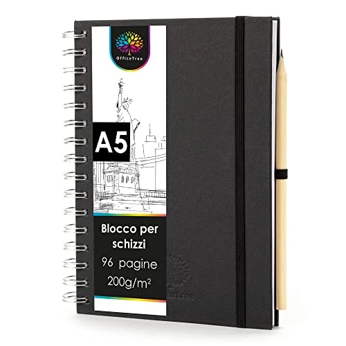 Tijdelijke aanbieding: OfficeTree Schetsboek A5 spiraalbinding, portretformaat, 96 pagina's, 48 vellen, schetsboek, A4, 200 g, blanco wit papier, aquarel schetsboek, incl. potlood van 10.38 € naar 10.38 € (0.00% korting)
