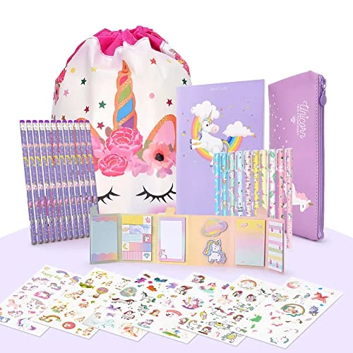 Maomaoyu Cute Unicorn Presents for Girls, Pencil Case with 12 Colorful Pencils and Unicorn Aesthetic Stickers, Stationery Sets for Teenage Girls, Purple