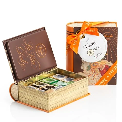 Venchi - Mini Książka z 12 Różnymi Czekoladkami Cremini, Ciemną Czekoladą, Pistacjowym i Cremino 1878, Bezglutenowa, 127 g, Pomysł na Prezent