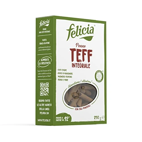 Offerta a tempo: Felicia, Penne Rigate di Teff Integrale, Pasta Ricca Fonte Fibre, Ferro, di Magnesio e di Fosforo, Conserva il Gusto Autentico della Cucina Etiope, Vegan, Confezione da 250 g - 0.00% da 2.69 € a 2.69 €