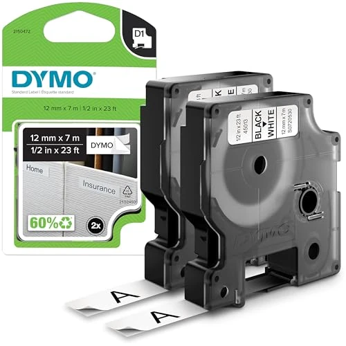DYMO Original D1-Etikettenband | schwarz auf weiß | 12 mm x 7 m | selbstklebendes Schriftband| für LabelManager-Beschriftungsgerät | 2 Etikettenkassetten