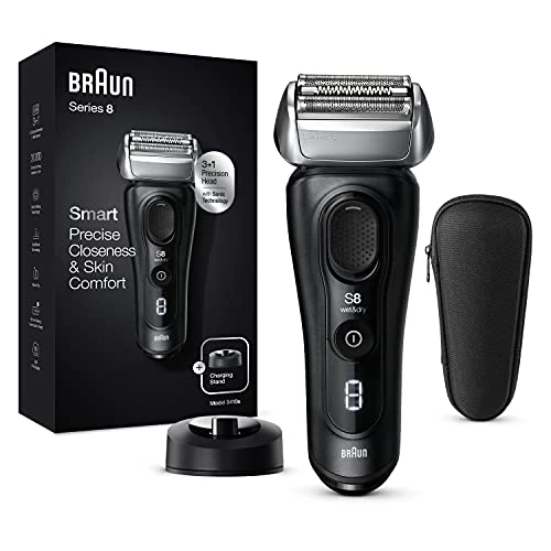 Braun Series 8 Men's Electric Shaver, Beard Razor with Precision Trimmer, Sonic Technology, 40° Head and 3-in-1 Head, Case, Rechargeable, Cordless, 8410 S, Black