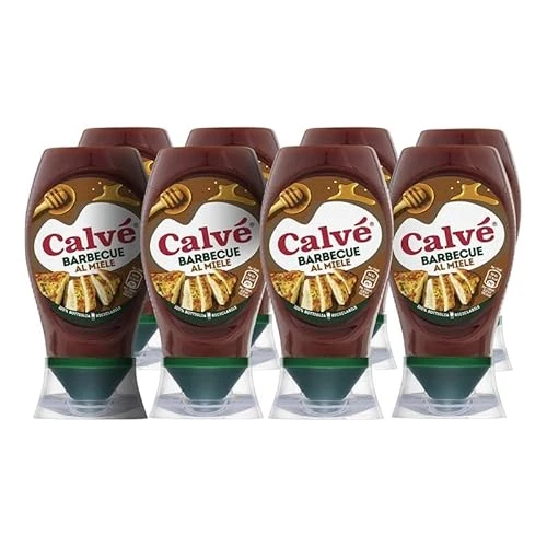Calvé Salsa Barbeque al Miele, 8 Pezzi da 250 ml, Salsa Bbq al Miele, Ideale per Carni Bianche e dal Sapore più Intenso, Combina la Nota Affumicata con la Dolcezza del Miele, Bottiglia 100% Riciclata